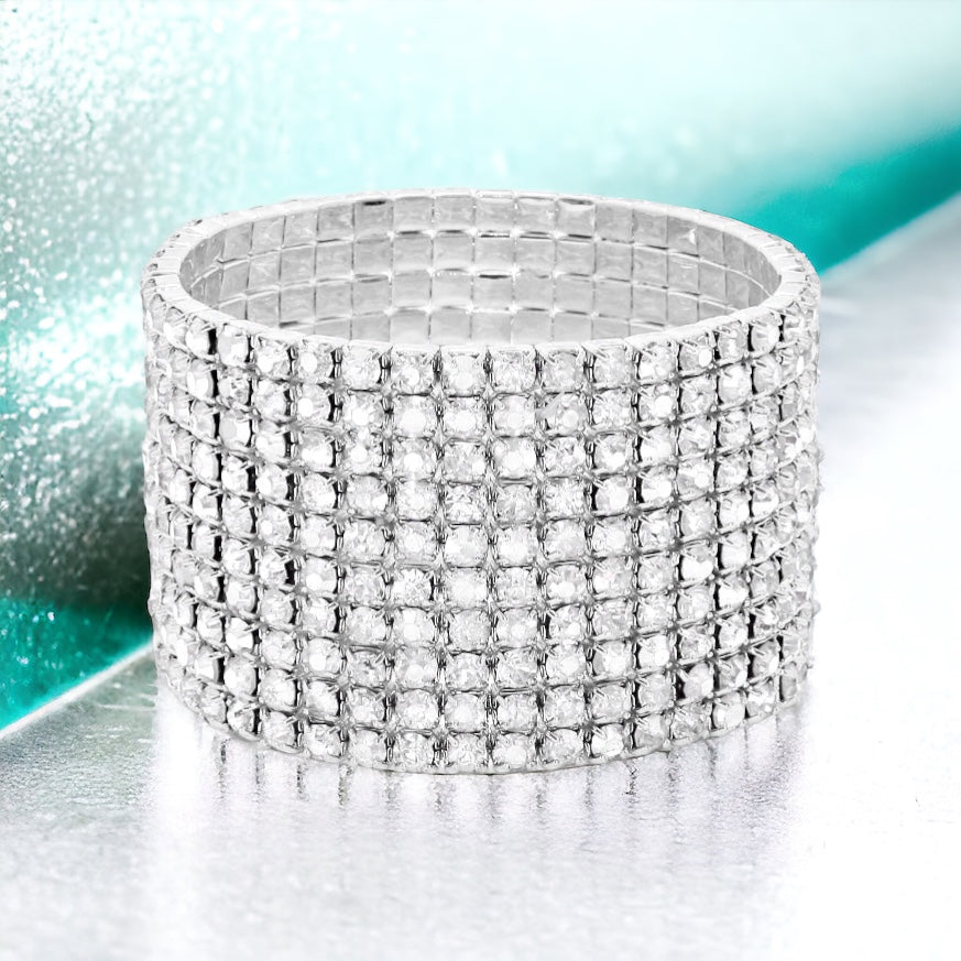 MADISON - clear silver 10 row stretch rhinestone bracelet