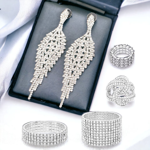 JASMINE - clear silver rhinestone 5 piece jewelry set
