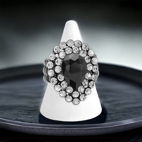 Baby Cardi - black clear silver teardrop stretch rhinestone ring