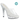Silver high-heeled shoe and bikini heels with clear platform and rhinestone embellishments on a white background.