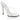 A single clear and silver strapless high bikini heels slip on shoe with a 4.5 inch heel and a metallic toe cap.