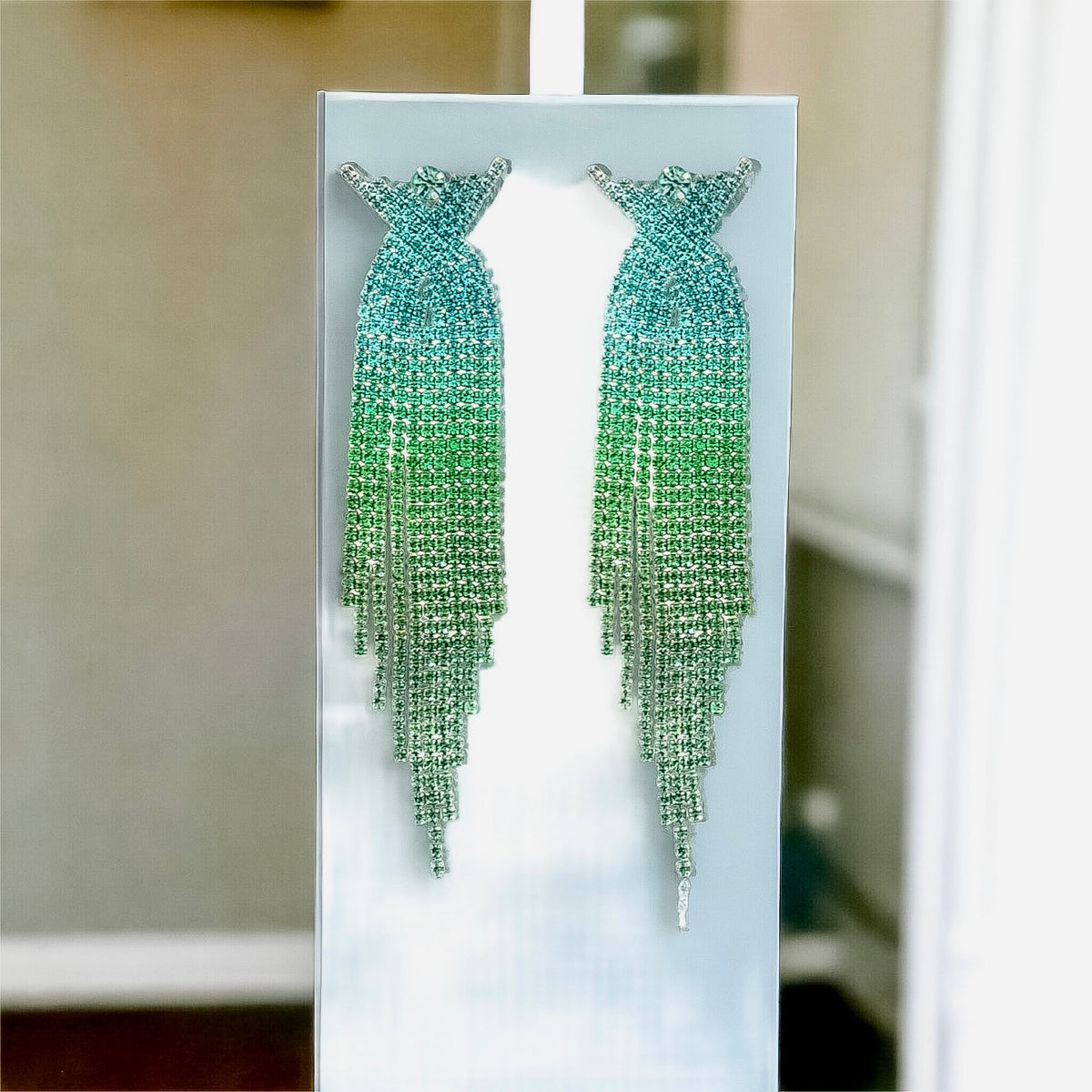 Solange - multi colored green silver ombre dangle rhinestone earrings