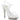 An ankle strap white high-heeled bikini heels with crystal embellishments on a white background
