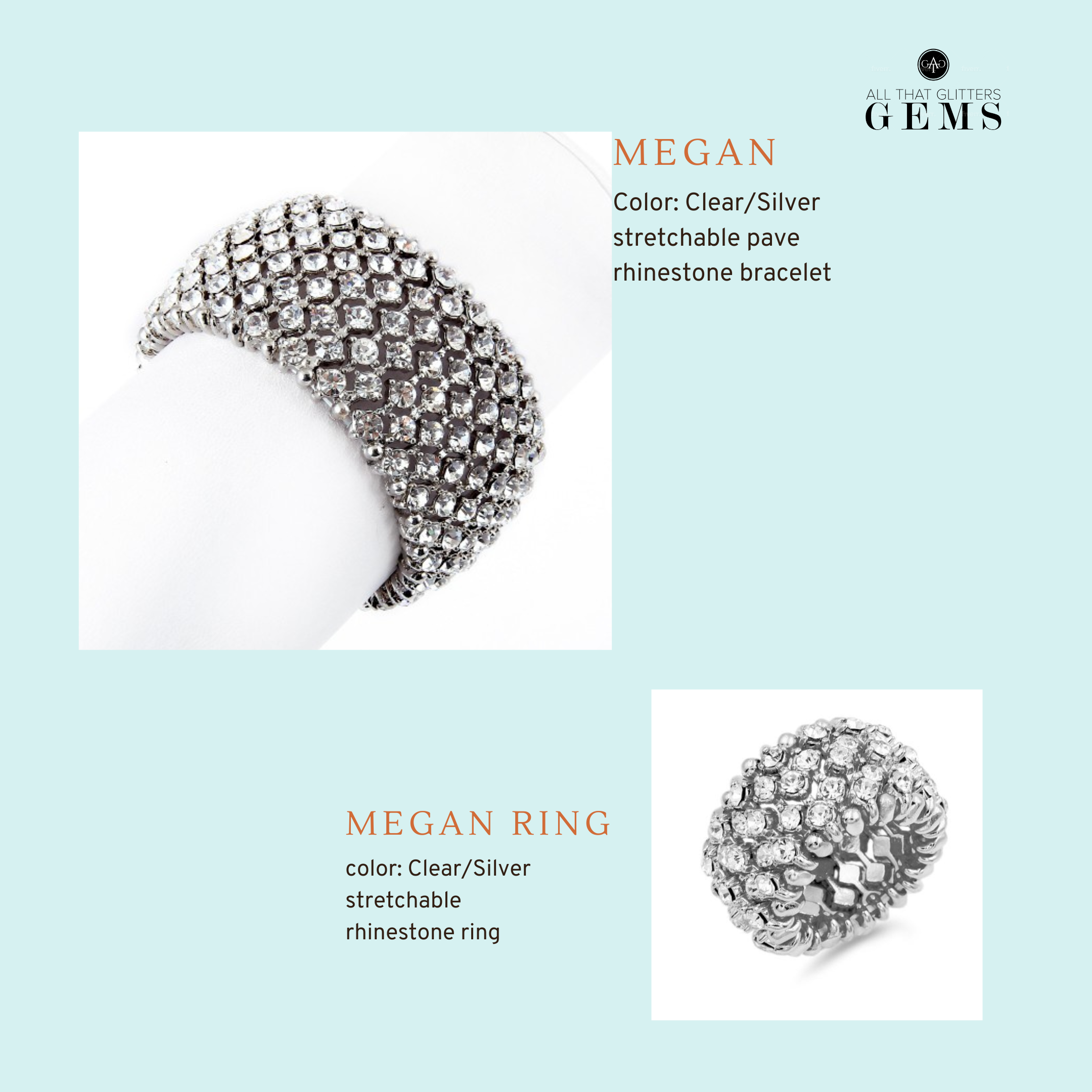 Megan - clear silver stretch pave rhinestone set