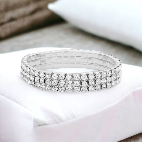 Madison - clear silver 3 row stretch rhinestone bracelet