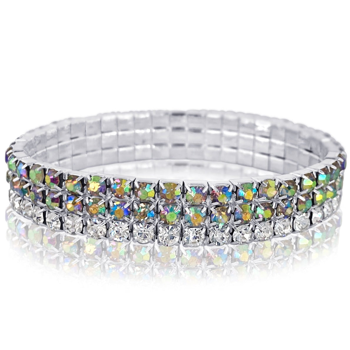 Madison - clear ab silver 3 line stretch rhinestone bracelet