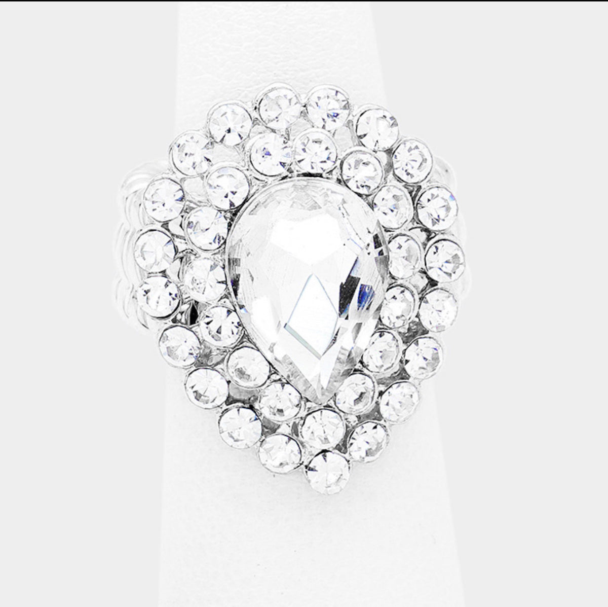 BABY CARDI - clear silver teardrop stretch rhinestone ring