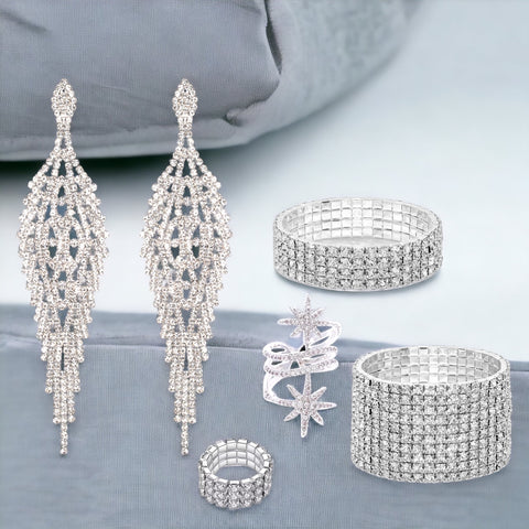 Jasmine - clear silver rhinestone 5 piece jewelry set (stardust)