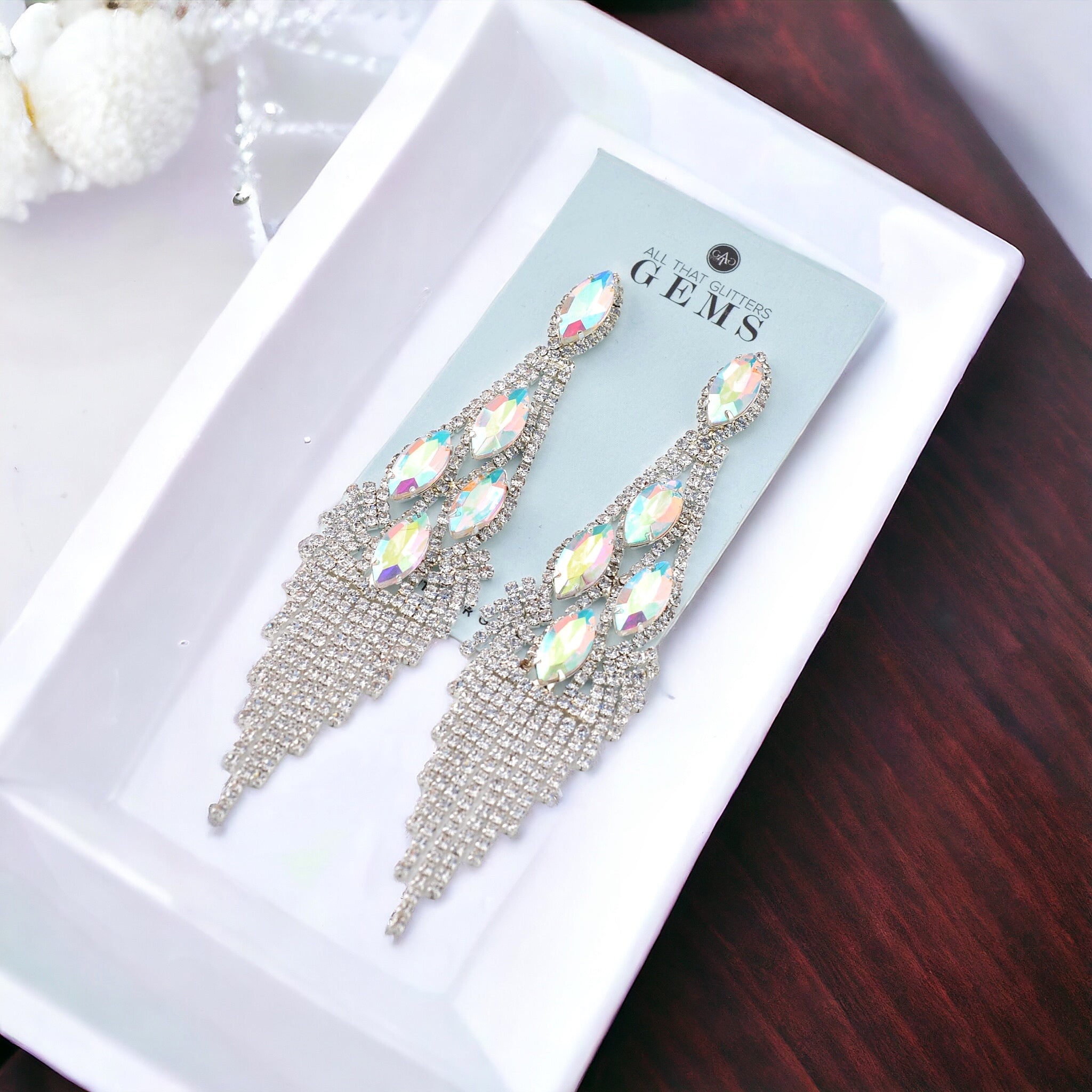 Enchanted - clear AB rhinestone marquise fringe earrings