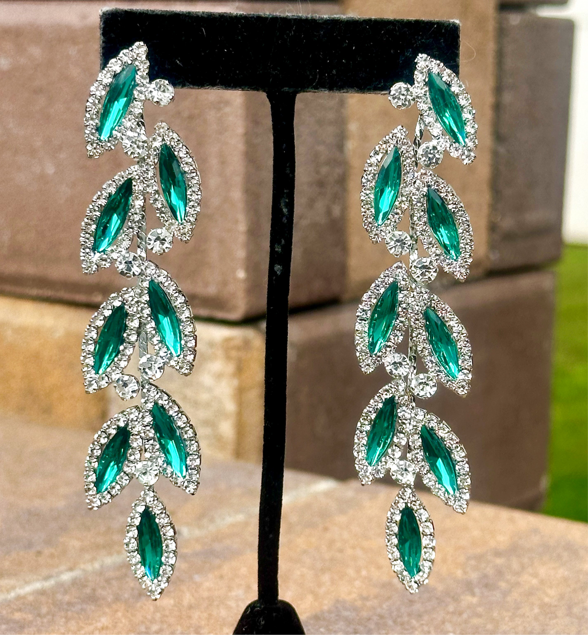 CHARLO - emerald green & clear vine marquise rhinestone earrings