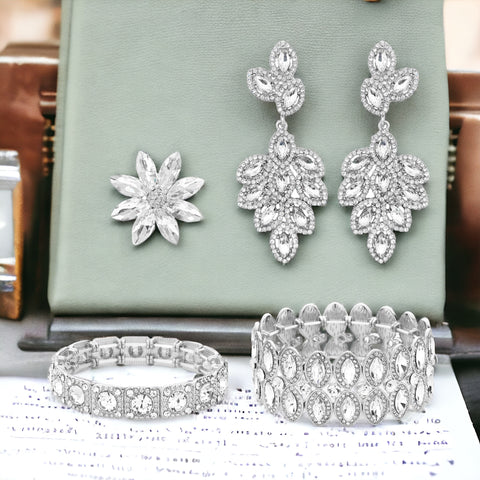 JAZZY - clear silver 4 piece marquise rhinestone jewelry set