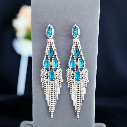 ENCHANTED - Dark Teal rhinestone marquise fringe earrings