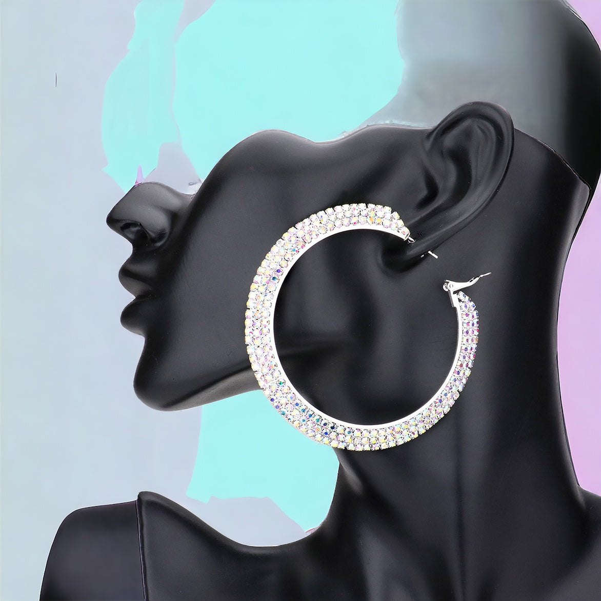 TRINA - AB silver 3 row rhinestone hoop earrings