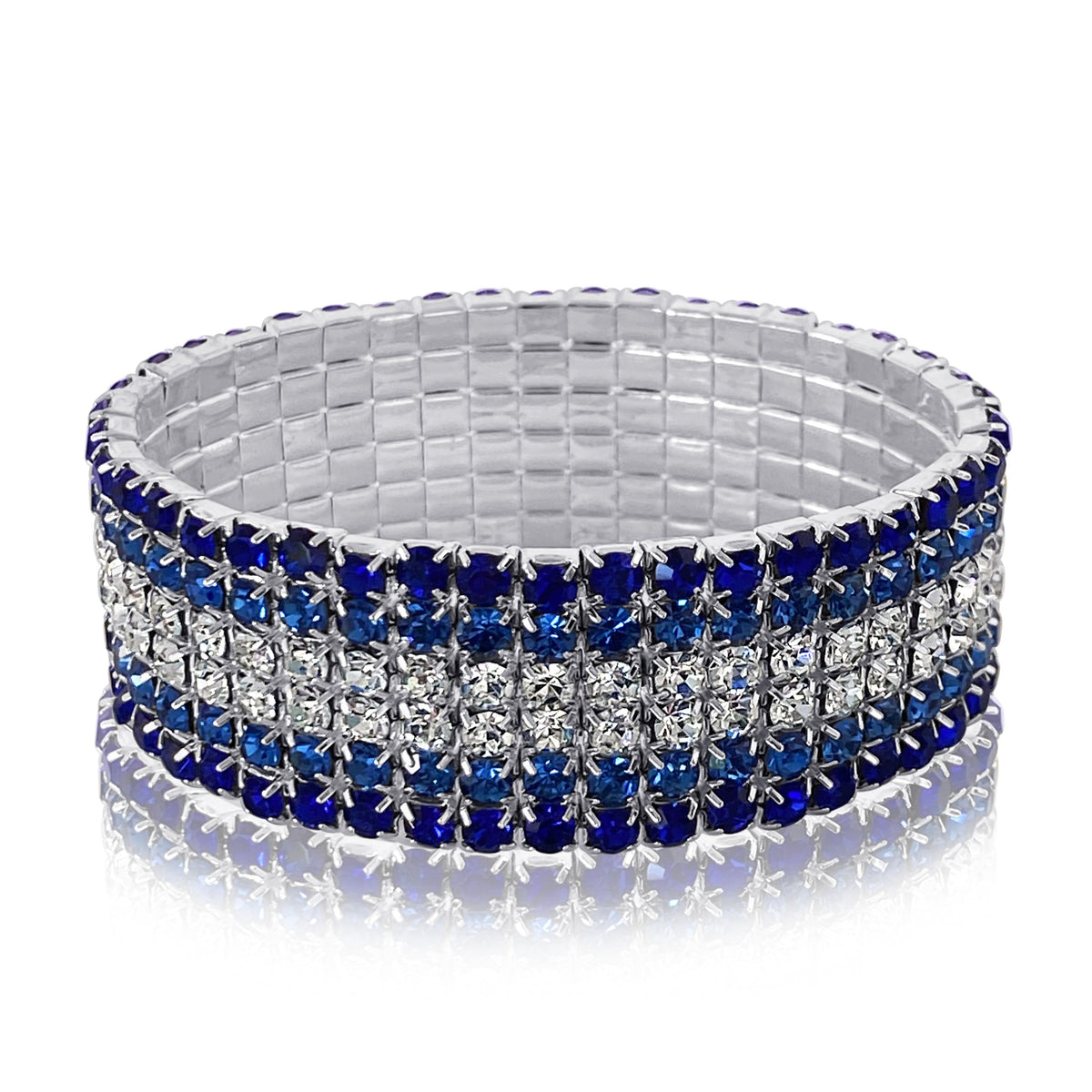 Madison - sapphire clear silver 6 line stretch rhinestone bracelet