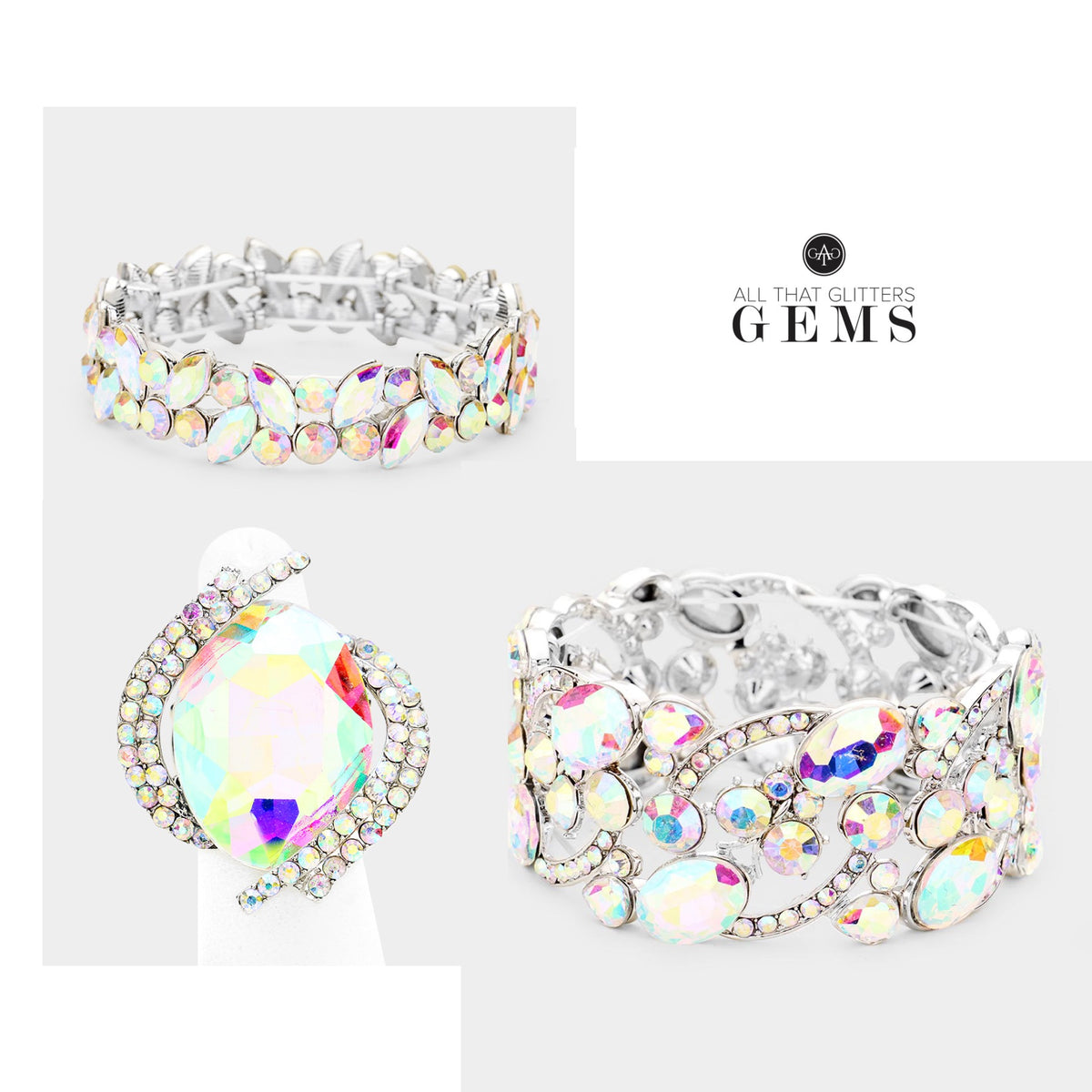 Gia - ab silver 3 piece rhinestone jewelry set