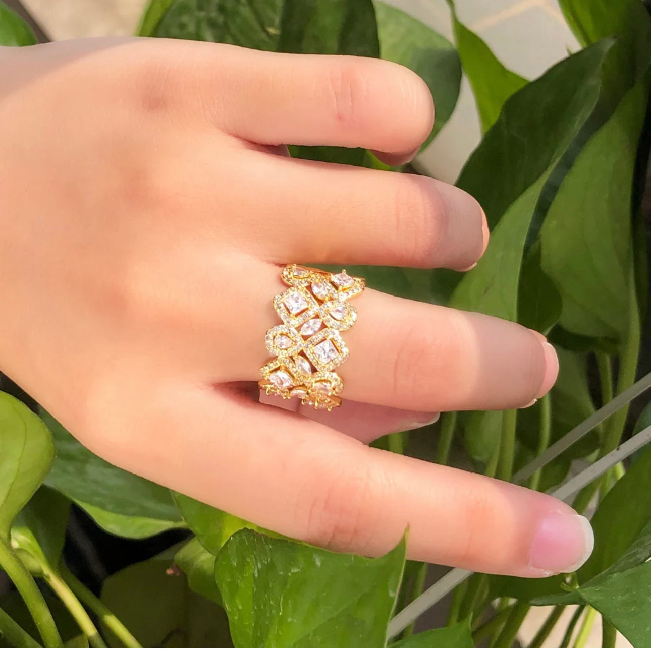 Kinley - clear gold geometric cz adjustable ring