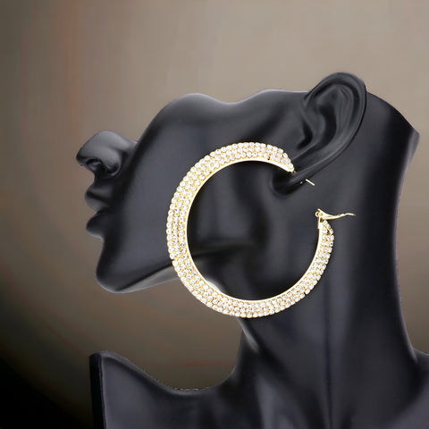 TRINA - clear Gold 3 row rhinestone hoop earrings