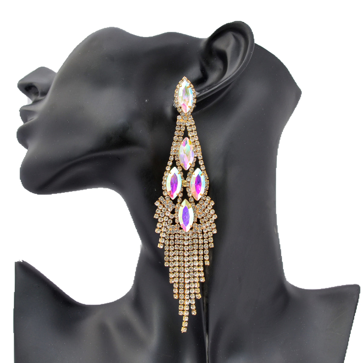 Enchanted - clear AB Gold rhinestone marquise fringe earrings