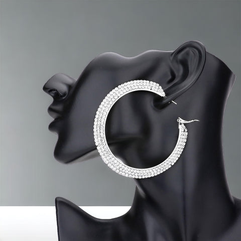 TRINA - clear silver 3 row rhinestone hoop earrings