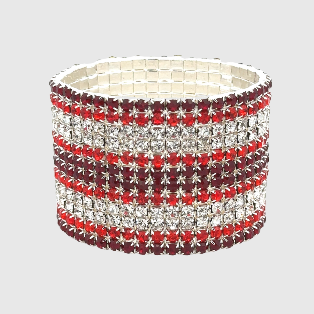 Madison - clear ruby silver 12 row stretchable cuff bracelet