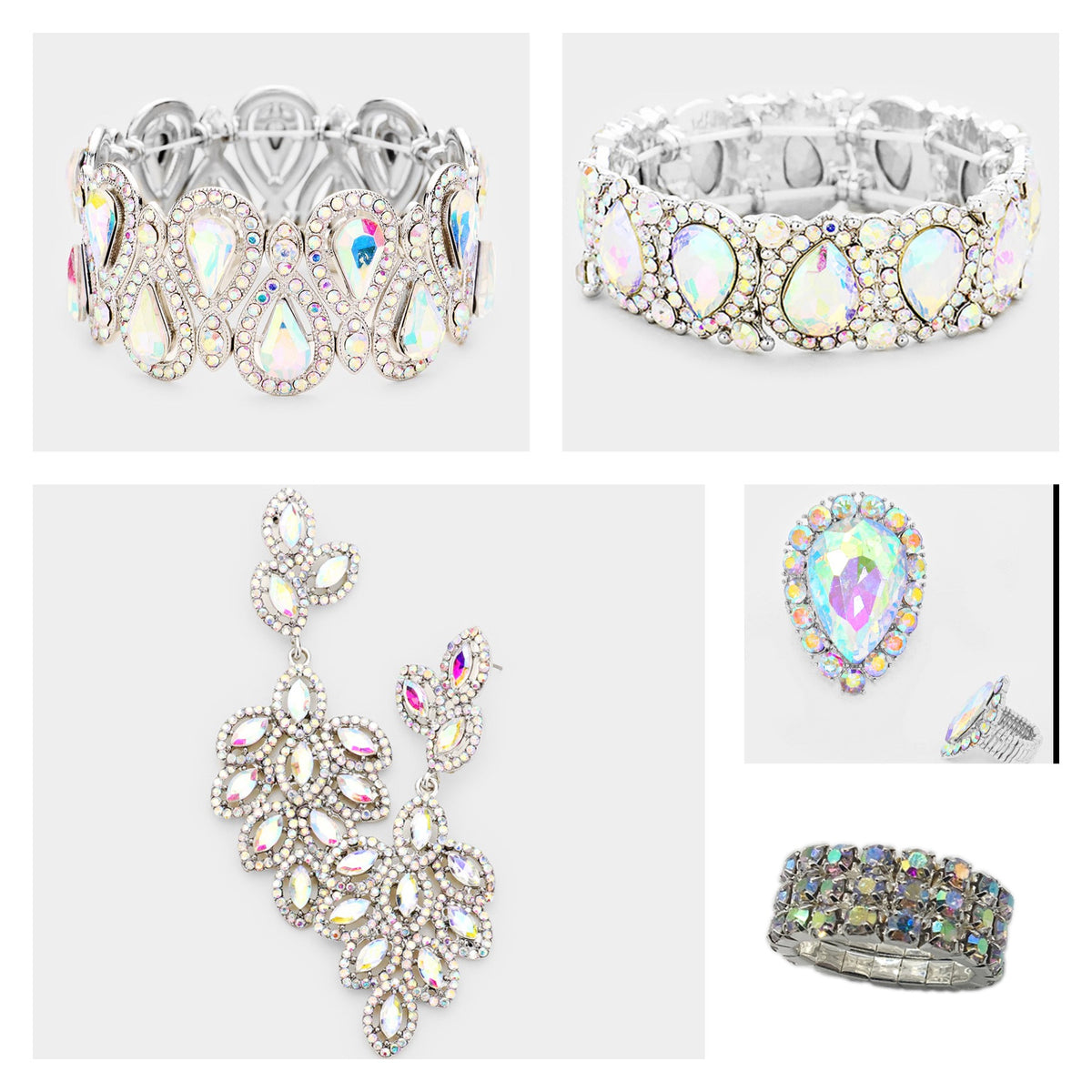 Jazzy - ab silver teardrop rhinestone 5 piece jewelry set