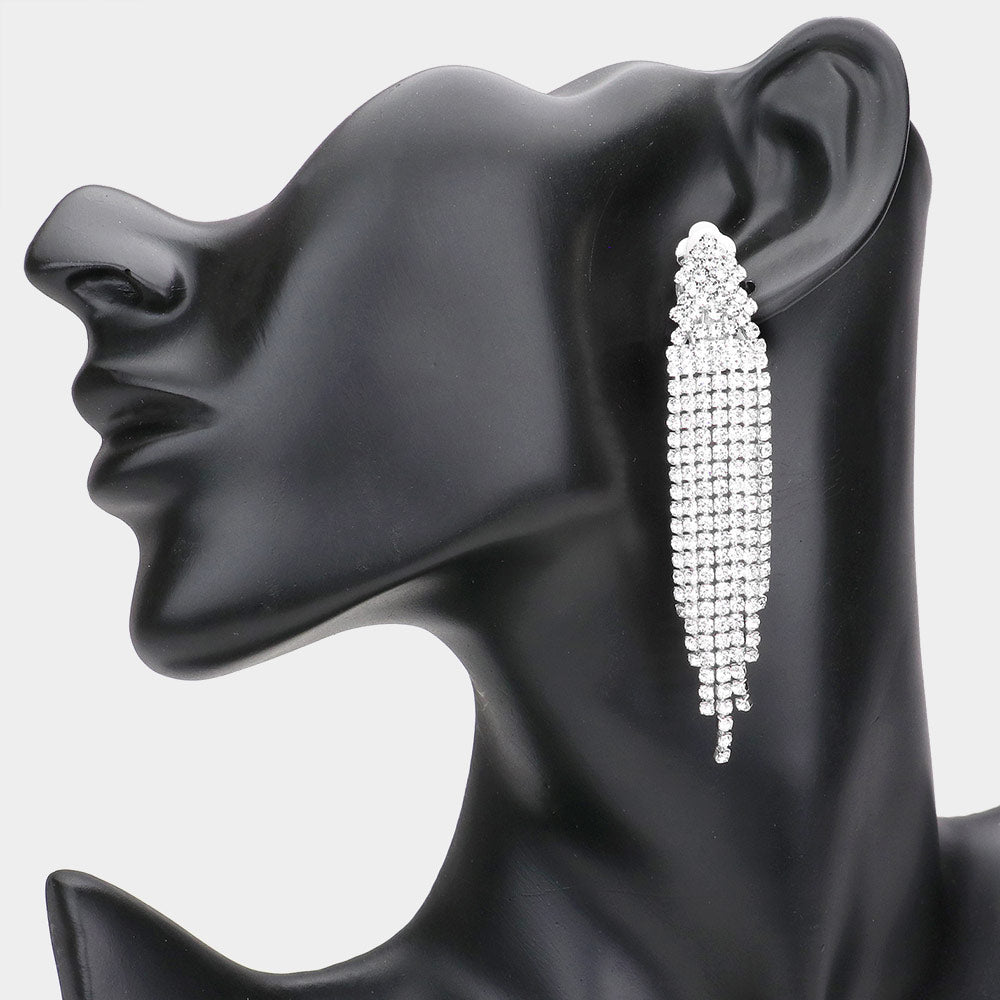 Tyra - clear silver rhinestone fringe clip on earrings
