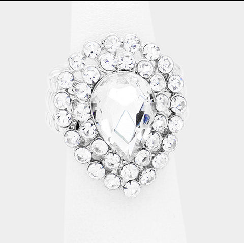 Baby Cardi - clear silver teardrop stretch rhinestone ring