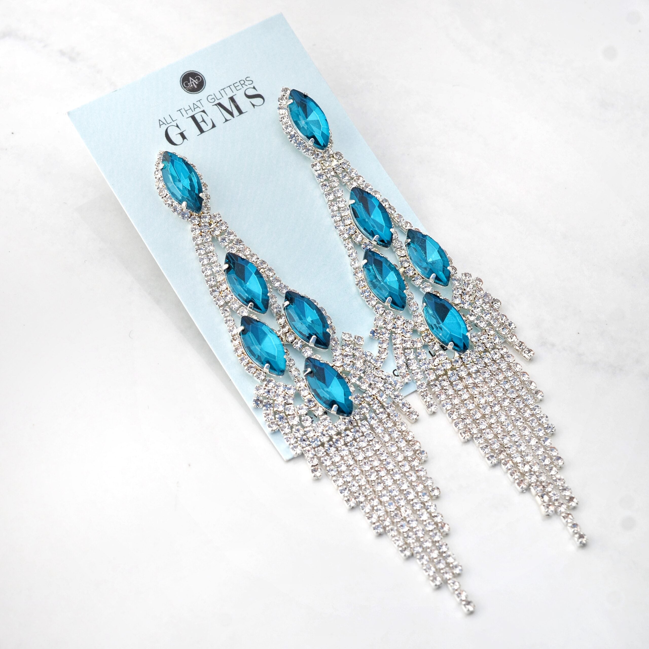 Enchanted - clear Teal rhinestone marquise fringe earrings