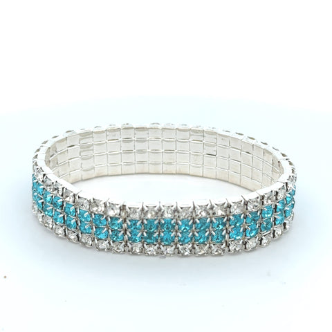 Madison - clear teal silver 4 row stretch rhinestone bracelet