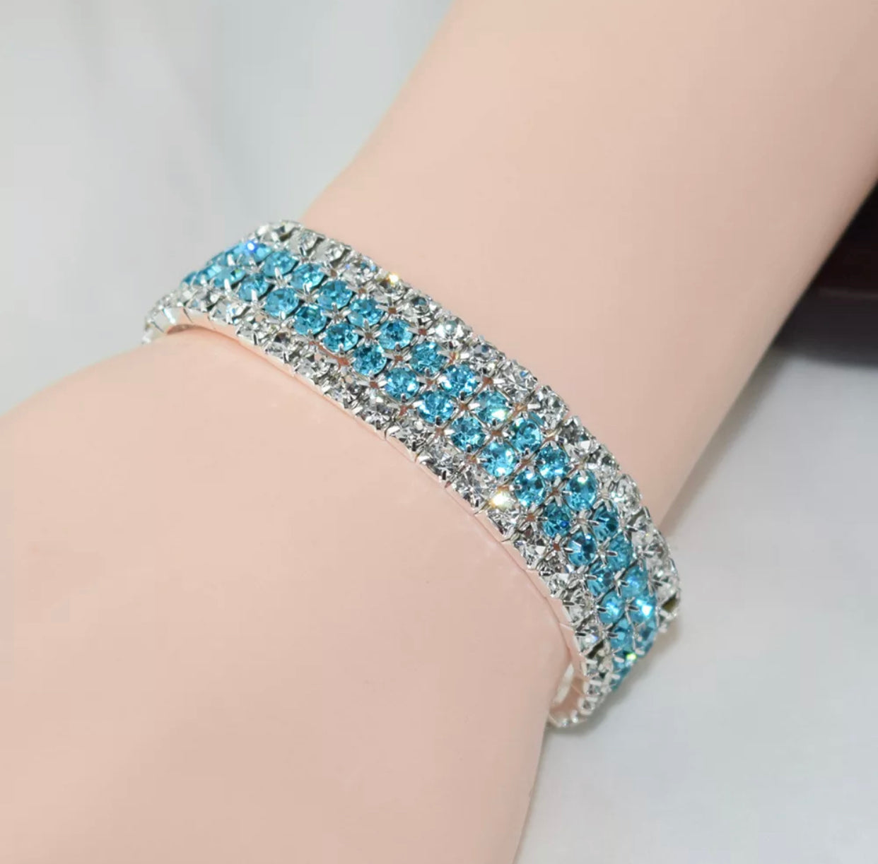 Madison - clear teal silver 4 row stretch rhinestone bracelet