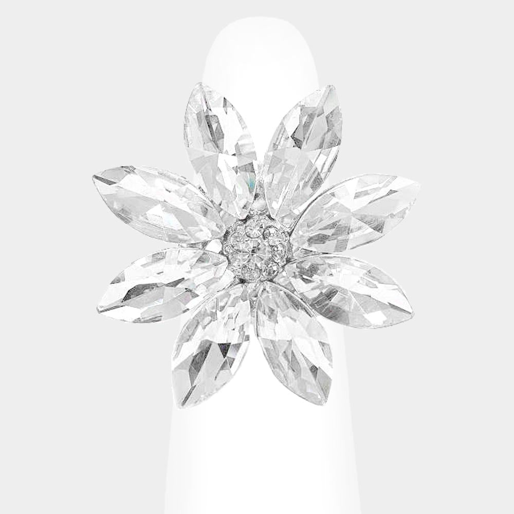 aria - clear silver marquise rhinestone stretch flower ring