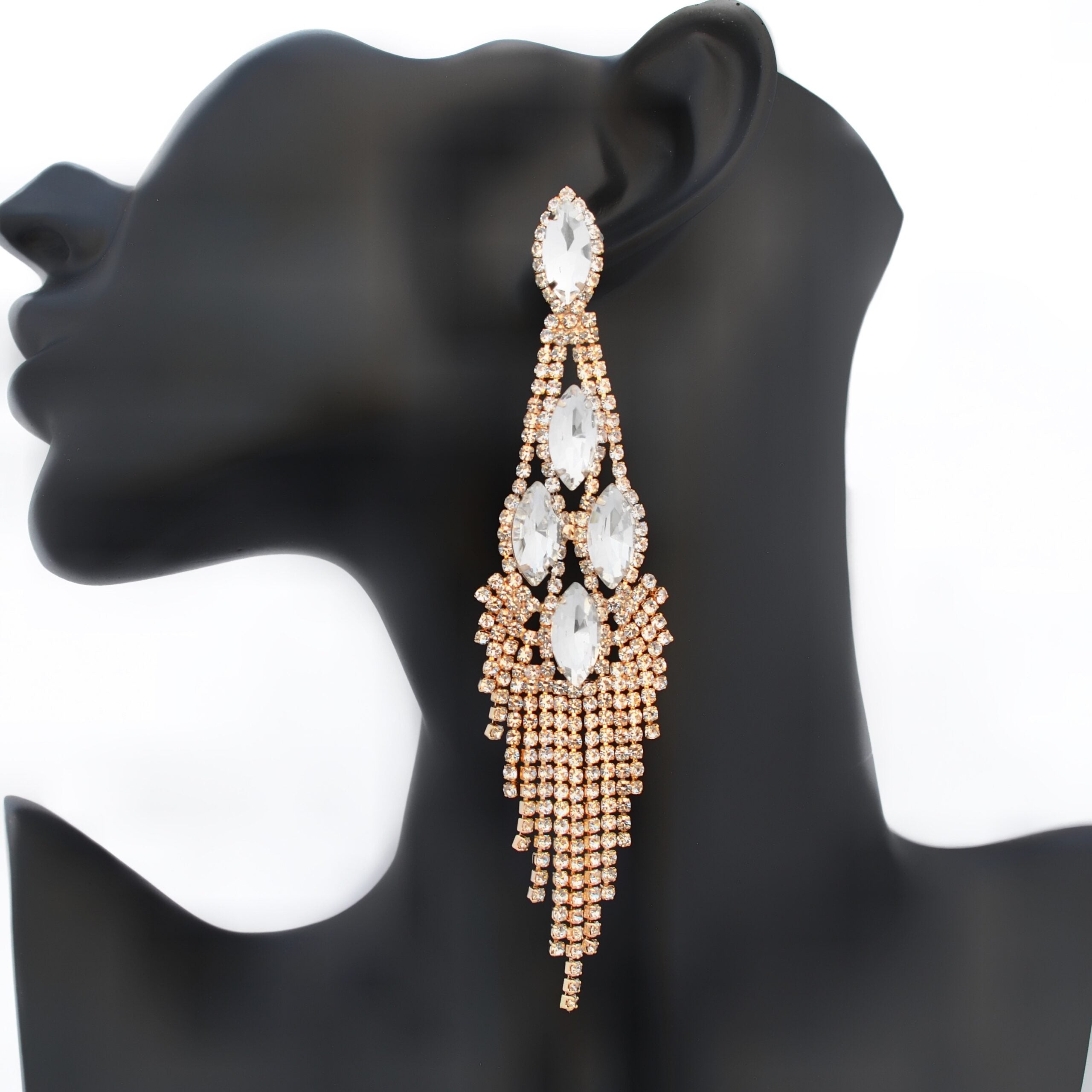 Enchanted - clear gold rhinestone marquise fringe earrings