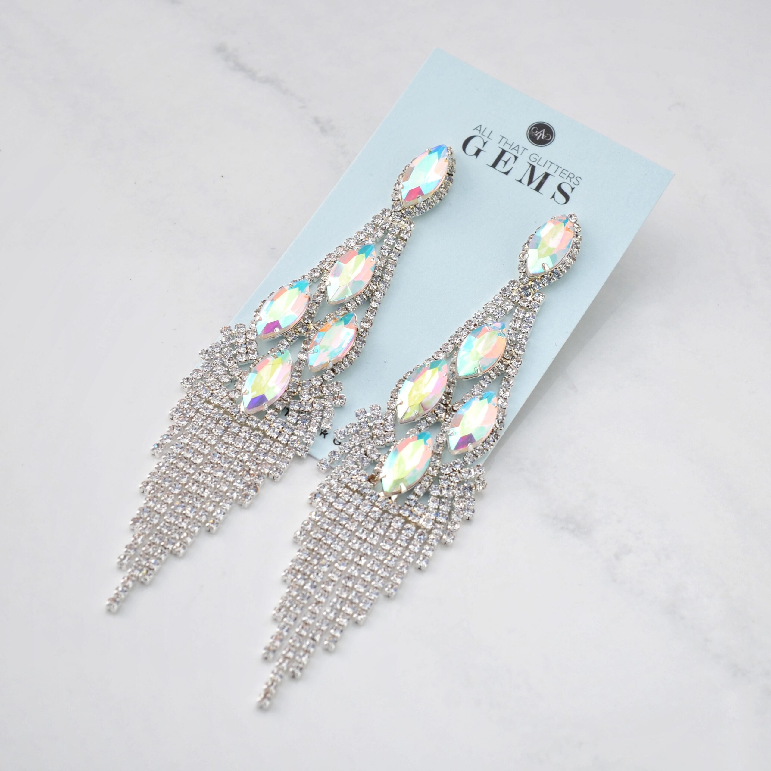 Enchanted - clear AB rhinestone marquise fringe earrings