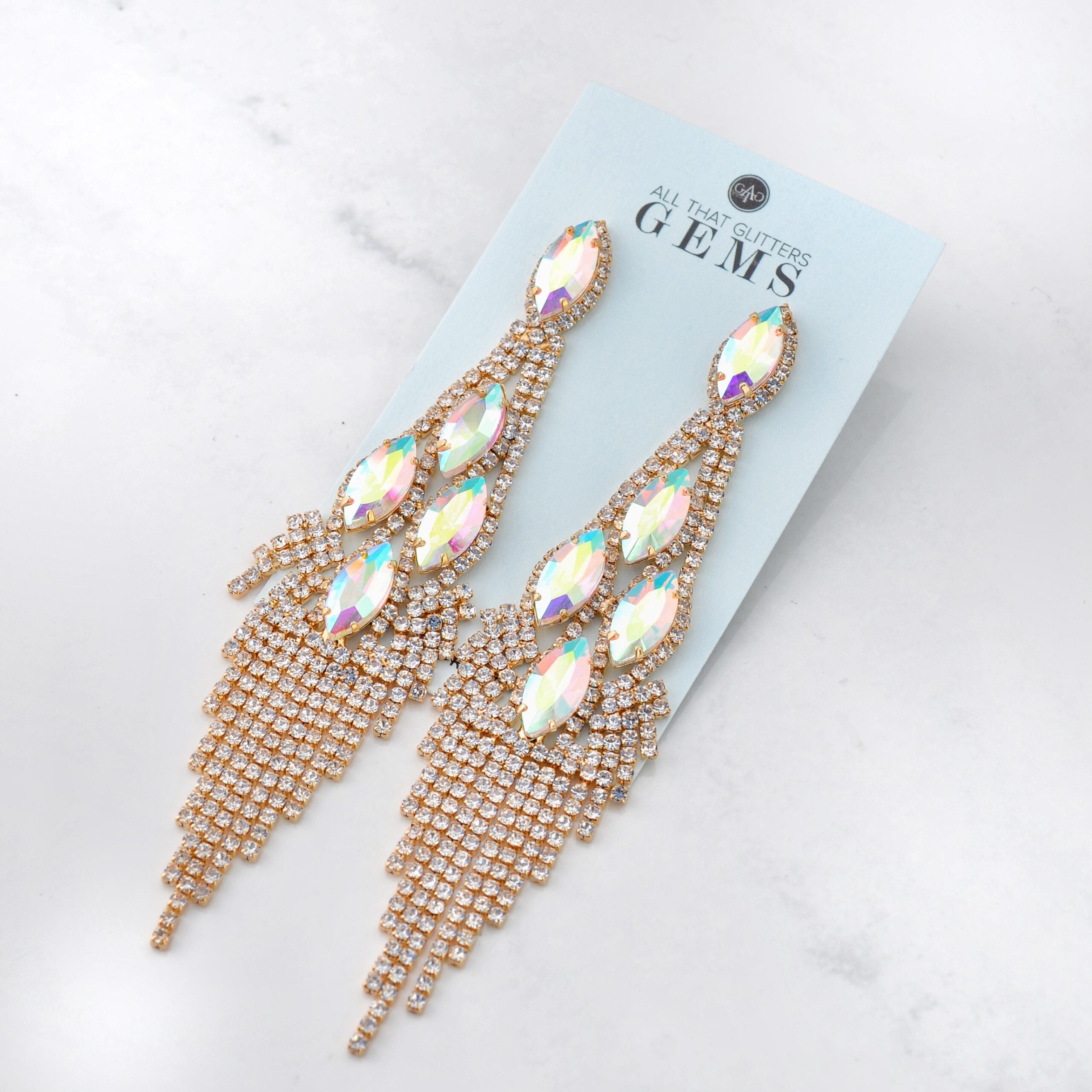 Enchanted - clear AB Gold rhinestone marquise fringe earrings