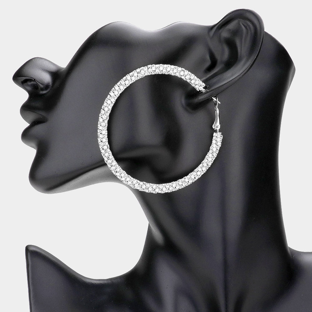 Noelle - clear silver round rhinestone hoop earrings