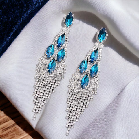 Enchanted - clear Teal rhinestone marquise fringe earrings