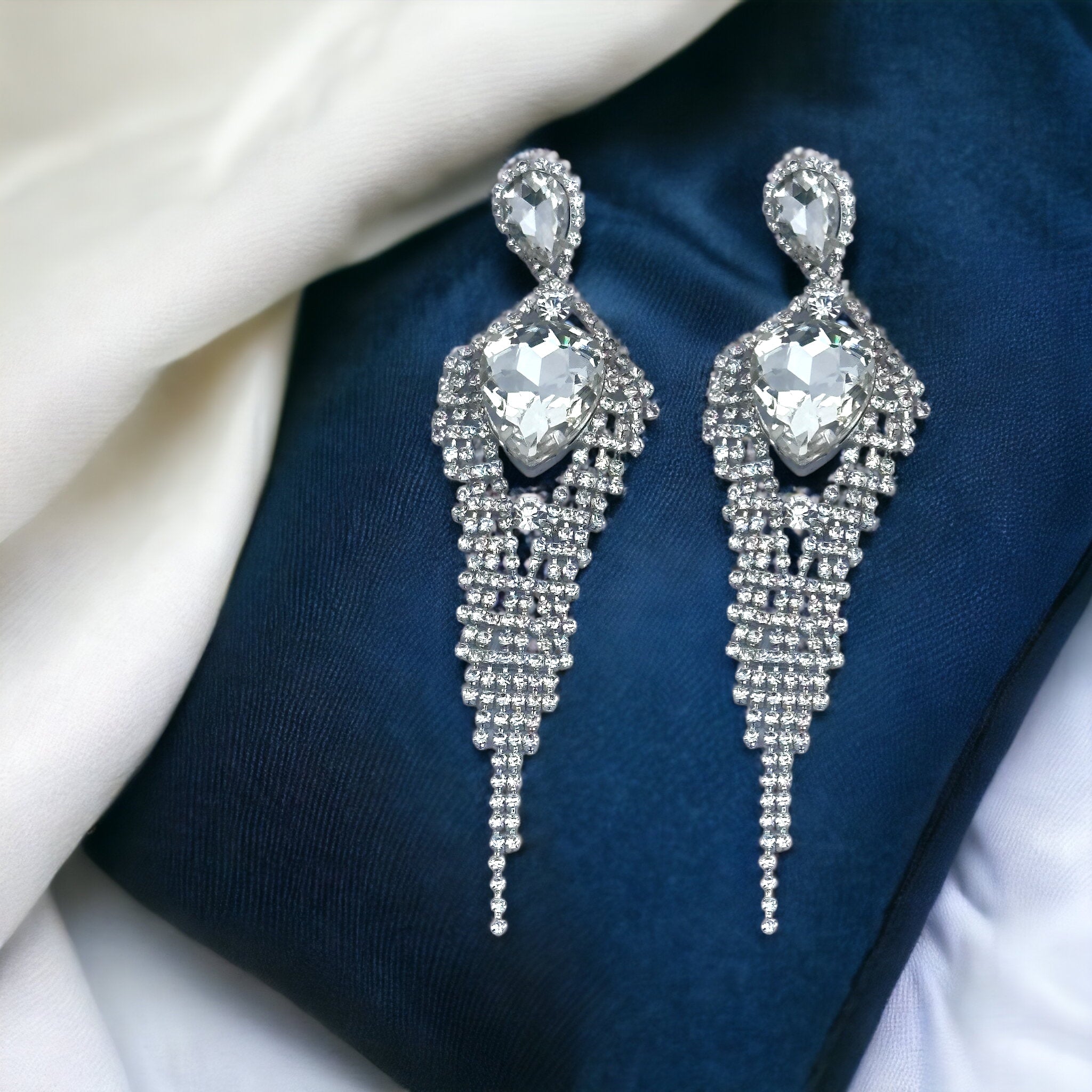 Giavanna - clear silver marquise teardrop rhinestone earrings