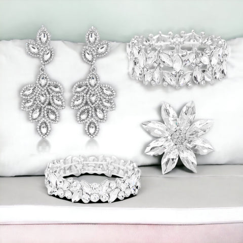 Jazzy - clear silver 4 piece marquise rhinestone jewelry set