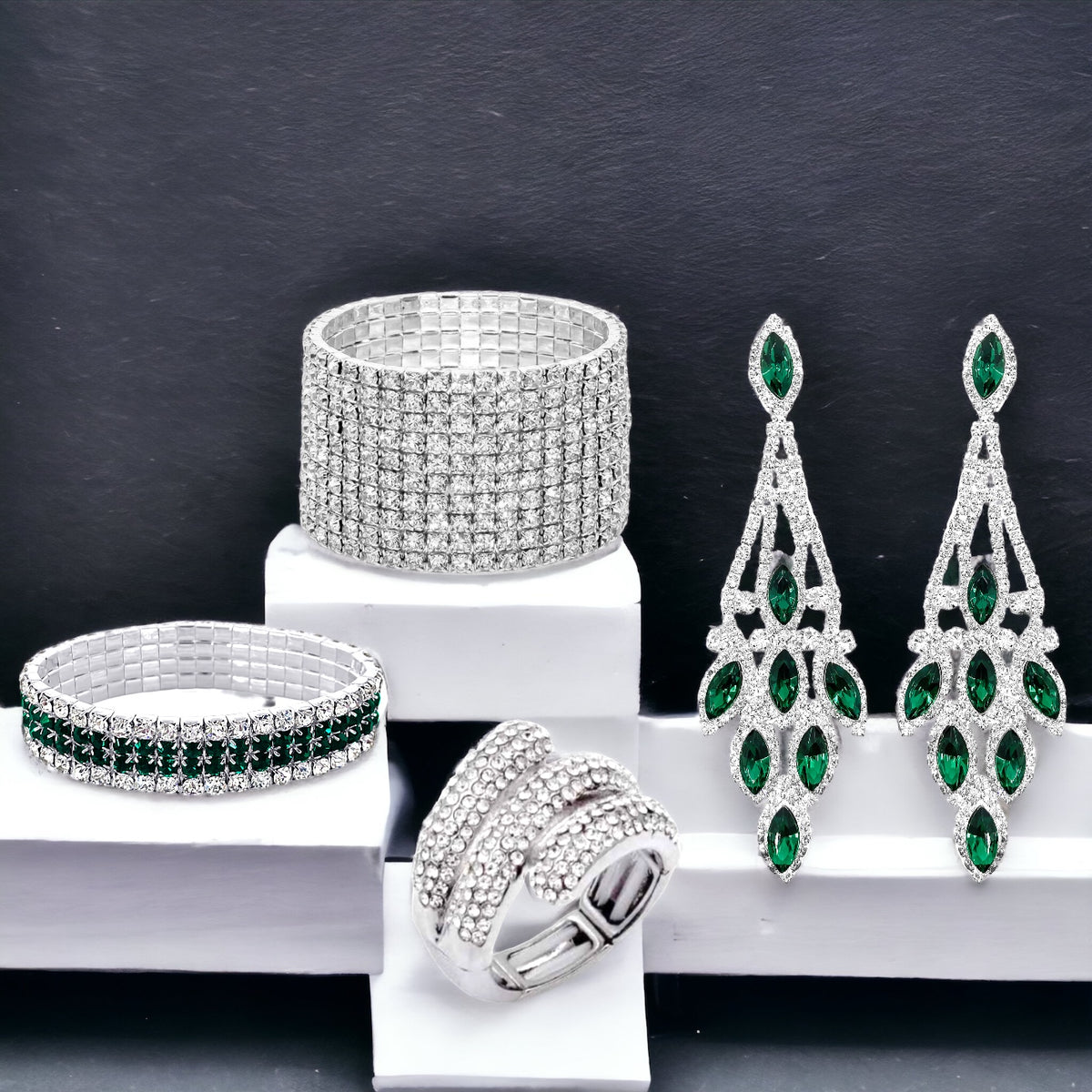 Indira - clear emerald rhinestone jewelry set