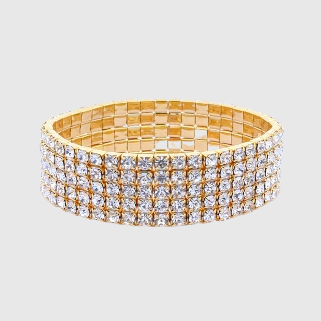Madison - clear gold 5 row rhinestone stretch bracelet